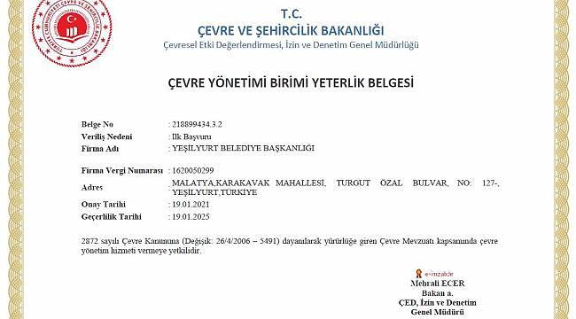 Yeşilyurt Belediyesi'ne, Çevre Yönetim Yeterlilik Belgesi