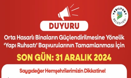 Orta Hasarlı Binalar İçin Son Gün 31 Aralık 2024”